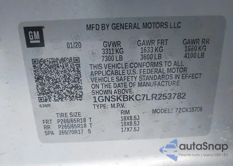 2020 Chevrolet Tahoe 4Wd Lt из США, поврежденный, VIN 1GNSKBKC7LR253782